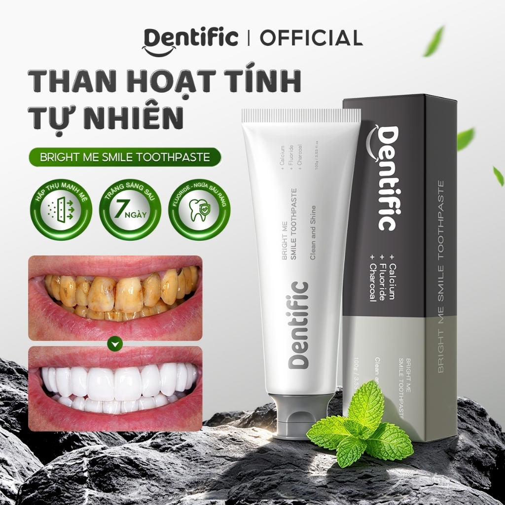 Kem đánh răng Dentific than hoạt tính trắng răng 100g bạc hà trị hôi miệng và sạch sâu ngừa sâu răng