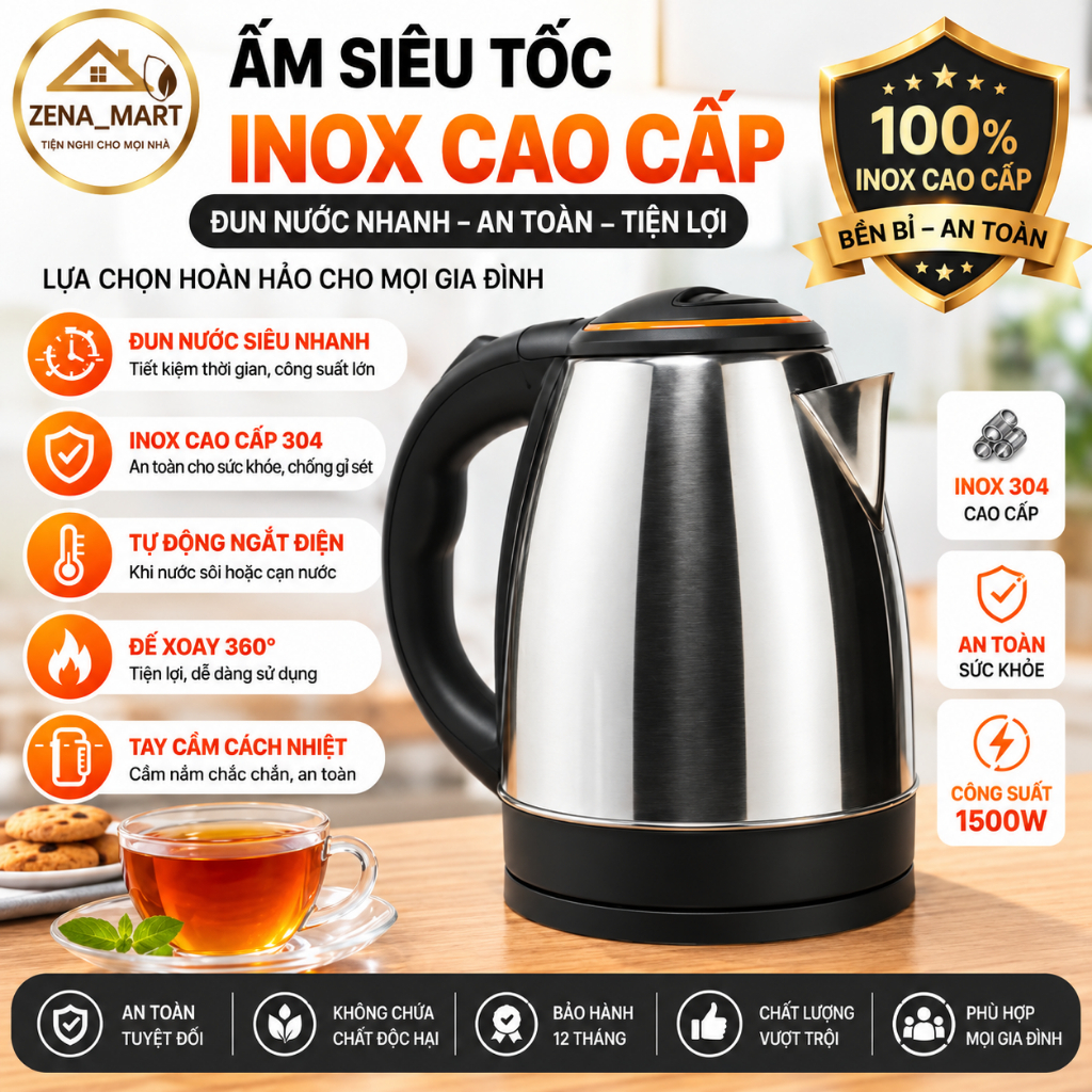 Ấm Đun Siêu Tốc 1.8L Chất Liệu INOX Cao Cấp Sôi Nhanh Tiết Kiệm Điện