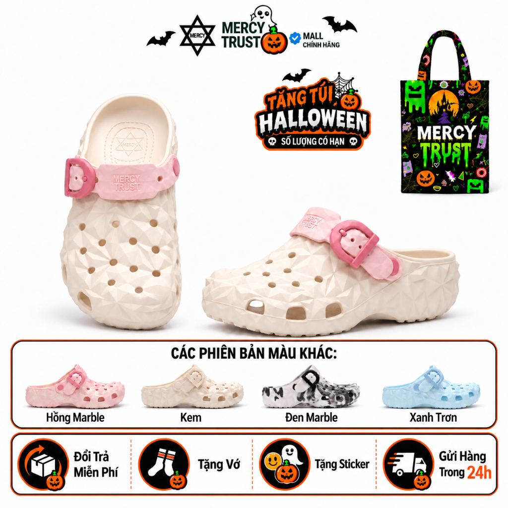 [Tặng Túi HALLOWEEN, Vớ, Sticker Ngẫu Nhiên] Dép Sục Nữ MERCY TRUST MC20 Vân…