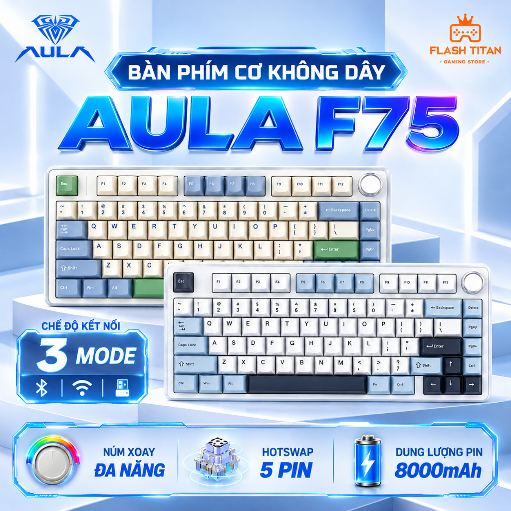 Bàn phím cơ không dây AULA F75 - Phiên bản mạch xuôi - 3 mode kết nối - Hotswap - Có núm xoay