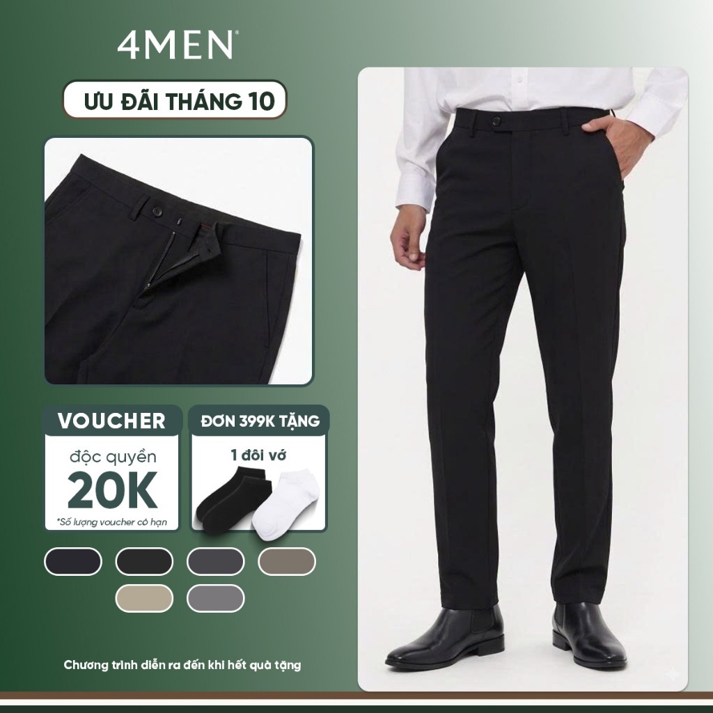 Quần tây âu nam co giãn 4MEN QT071 form slimfit Hàn Quốc ống ôm đẹp, vải cao cấp không nhăn, basic dễ phối, 6 màu basic