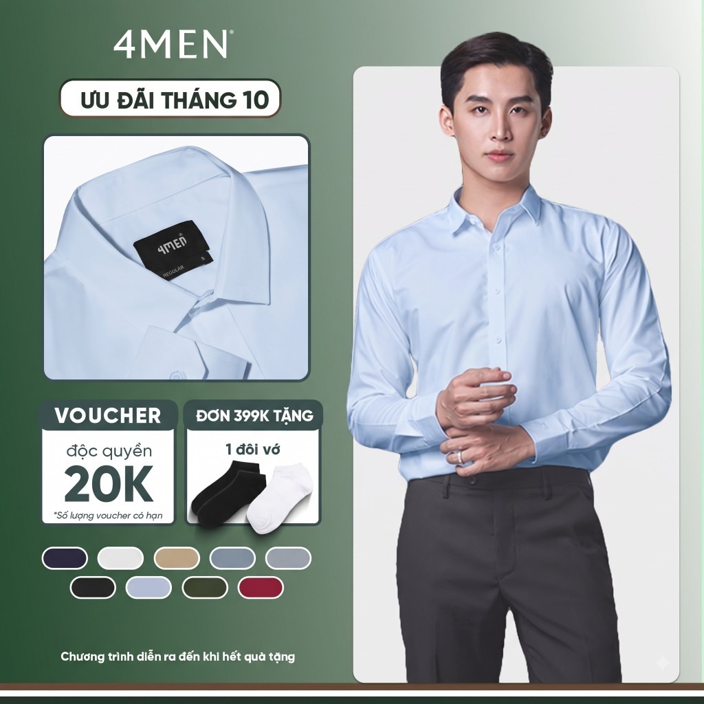 Áo sơ mi nam tay dài trơn đẹp 4MEN SM088 lụa chéo hạn chế nhăn, mềm mịn, form tailored rộng công sở trẻ trung, giá rẻ