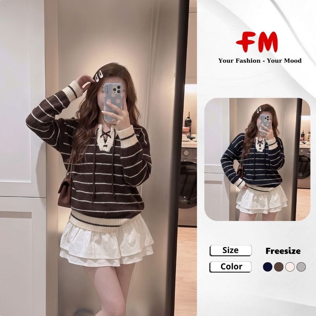FMSTYLE Áo Len Nữ Cổ Thường V đan dây kẻ viền màu Freesize Nhiều Màu Siêu Xinh 26100588