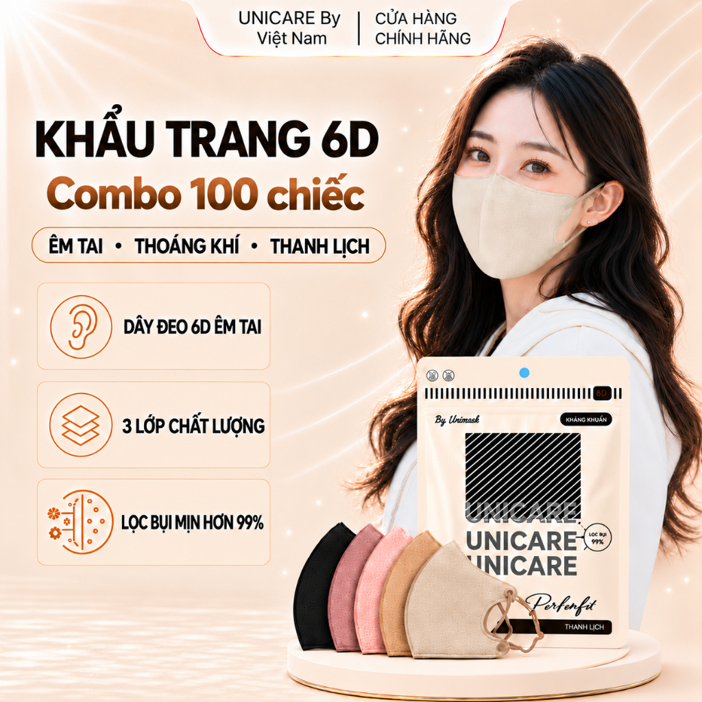UNICARE Combo 100 Chiếc Khẩu trang UNICARE 6D ProMask Kháng Khuẩn Quai Chun…
