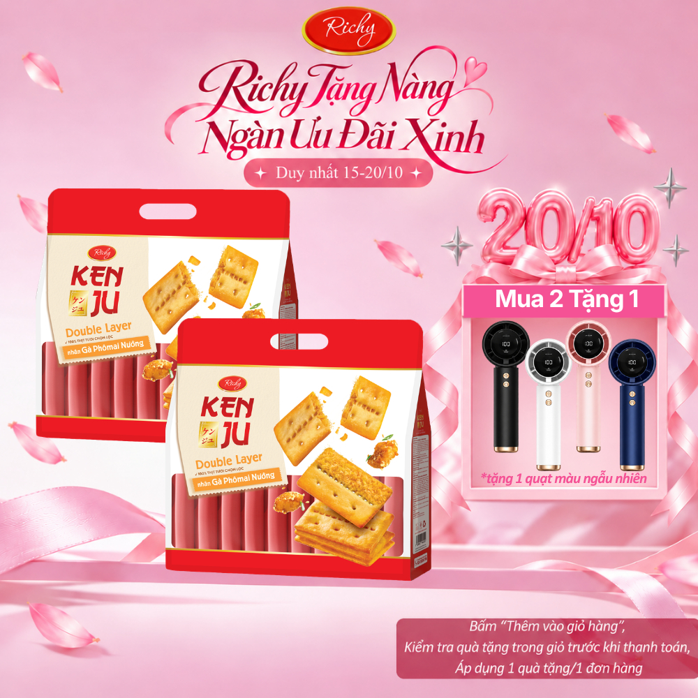 Combo 2 Túi Bánh Quy Giòn Kenju 2 Lớp Vị Gà Phô Mai Nướng x 216g/túi (16 gói)