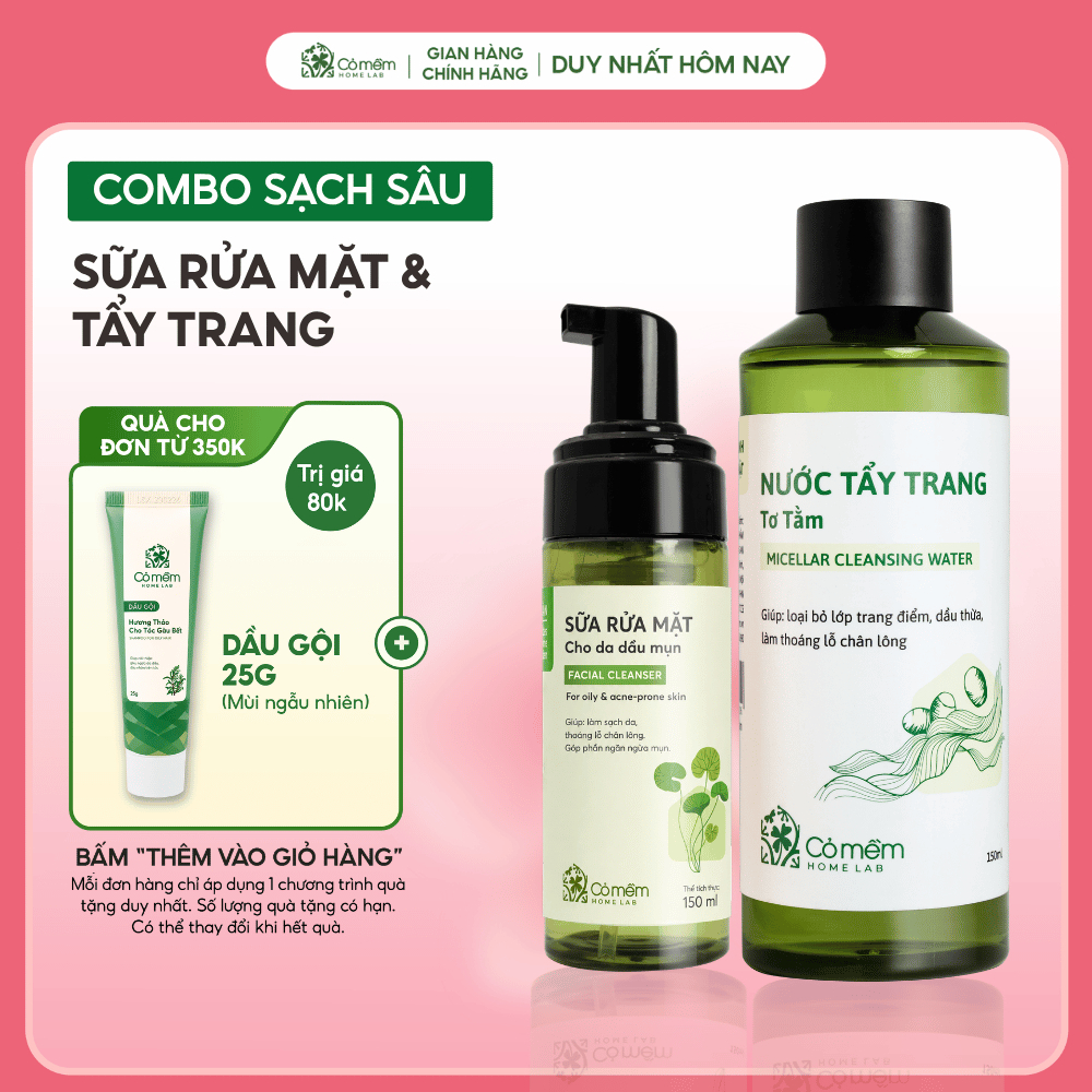 Bộ Chăm Sóc Da 2 Bước Nước Tẩy Trang Và Bọt Rửa Mặt Mọi Loại Da Cỏ Mềm