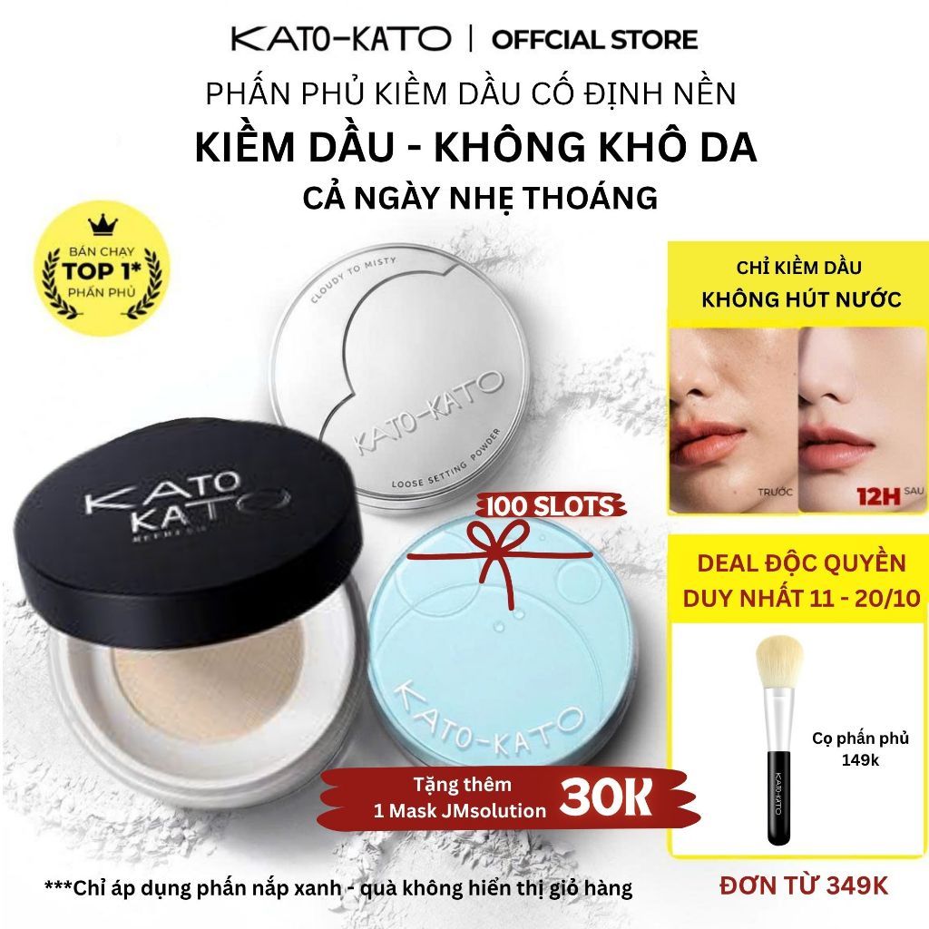 [HIWON x KATO-KATO] Phấn Phủ Kiềm Dầu Cố Định Nền Mỏng Nhẹ, Lâu Trôi, Chống Nước & Mồ Hôi, Giữ Nền tặng JMsolution