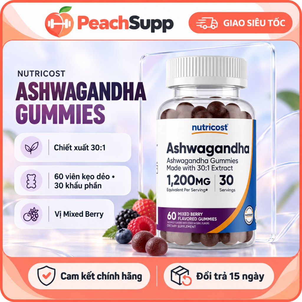 Nutricost Kẹo dẻo Ashwagandha Hộp 60 viên