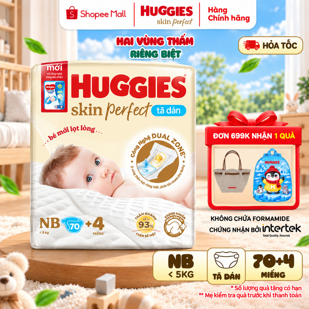Tã Dán Huggies Skin Perfect NB70+4/S80+2/M76+3 Miếng Hai Vùng Thấm Hút Riêng Biệt Mềm Mịn Thoáng Khí Chính Hãng