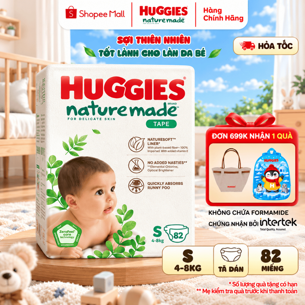 Tã Dán/Quần Huggies Nature Made NB60/S82/M58/L44/XL38 – Sợi Thiên Nhiên Mềm Mịn Thoáng Khí Chính Hãng