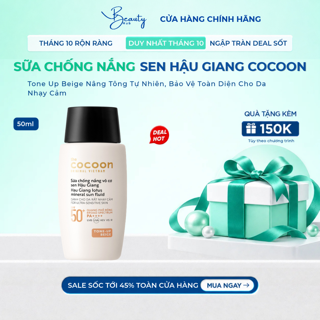 Sữa Chống Nắng Vô Cơ Sen Hậu Giang Cocoon 50ml | Tone Up Beige Nâng Tông Tự Nhiên, Bảo Vệ Toàn Diện Cho Da Nhạy Cảm