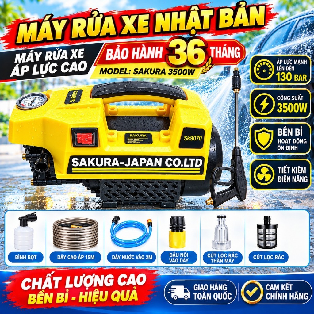Máy rửa xe Sakura áp lực cao - Lõi đồng 100% bảo hành 24 tháng - tặng bình bọt tuyết