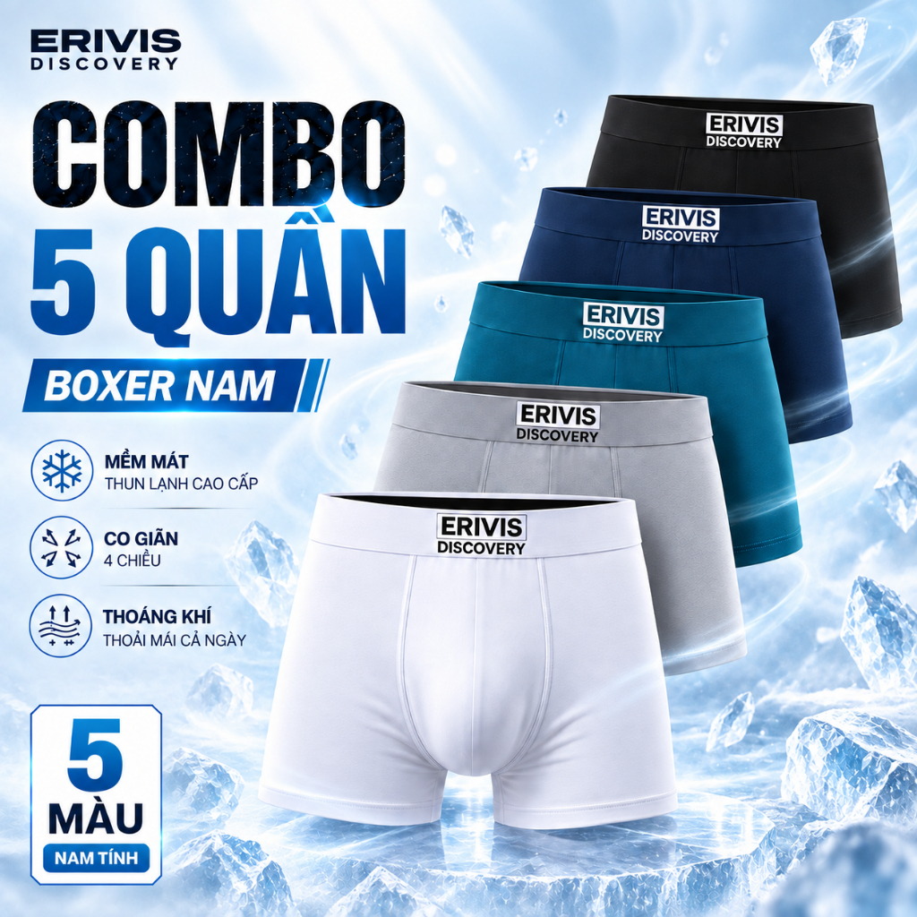 Quần Lót Nam Combo 5 Boxer Nam, Lót Đùi Nam Thun Lạnh, Kháng Khuẩn, Co Giãn 4 Chiều ER