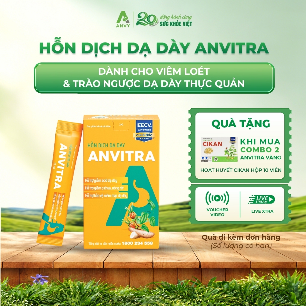 Anvitra - Hỗn Dịch Từ Thảo Dược Dành Cho Người Viêm Loét & Trào Ngược Dạ Dày, Đau Dạ Dày, Hộp 15 gói x 15ml