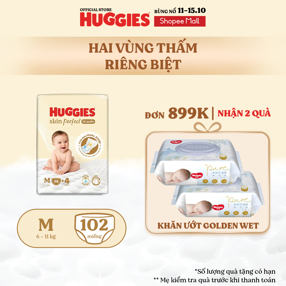 Tã quần Huggies Skin Perfect Mega Jumbo M98/ L88/XL72+4/XXL64+4 2 vùng thấm giảm kích ứng da
