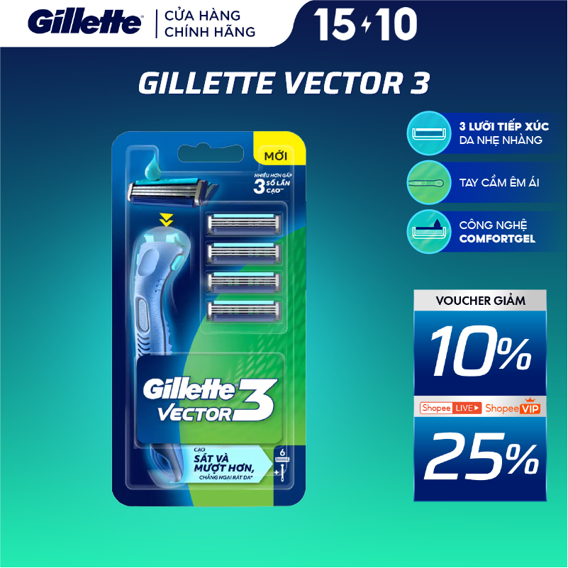 Dao Cạo Râu GILLETTE VECTOR 3 - Cạo Sát, Êm Mượt, Tối Ưu Mọi Chuyển Động