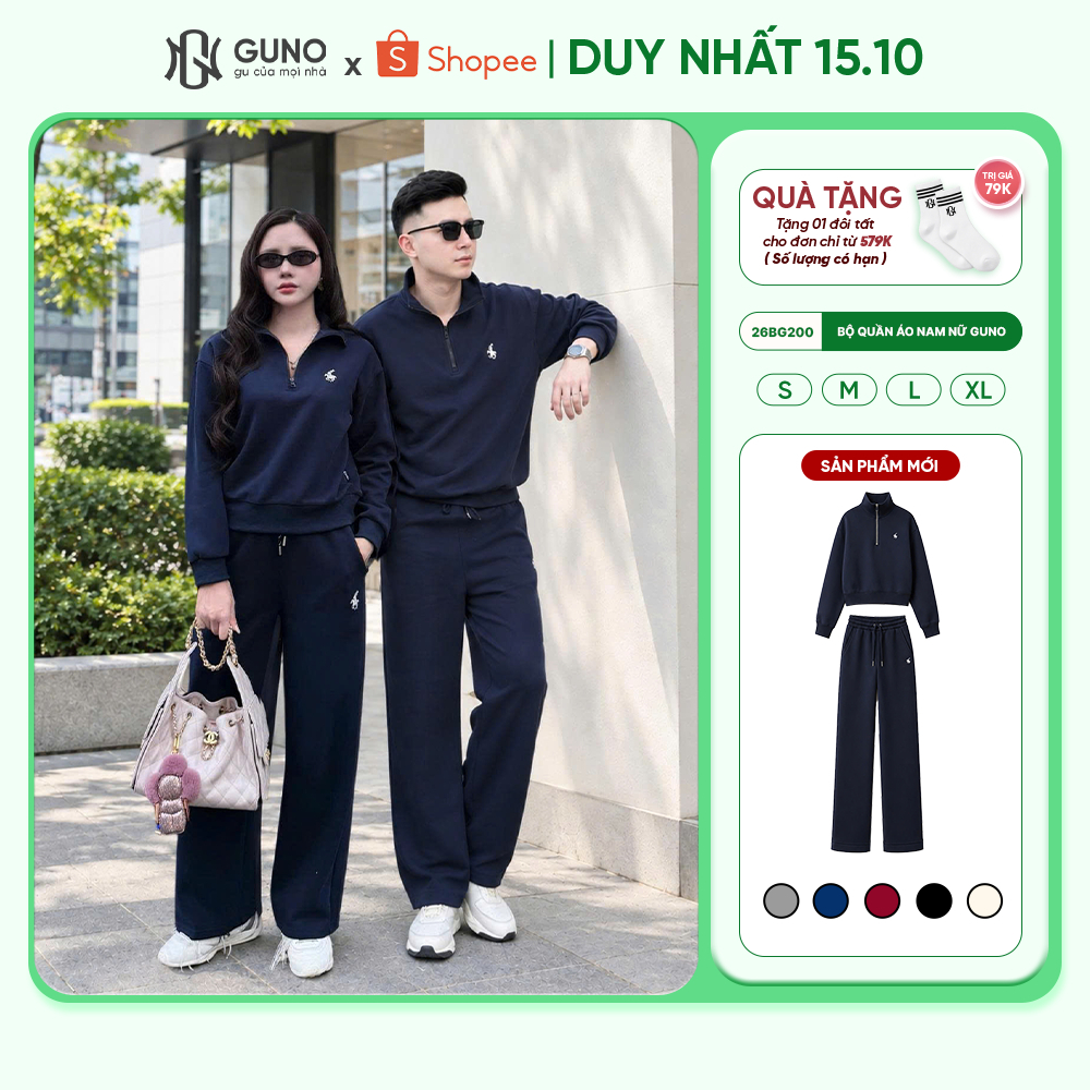 Set Bộ Nỉ Thu Đông GUNO Nam Nữ Cổ Khóa Kéo Quần Suông Form Rộng Nỉ Hai Da Cao…