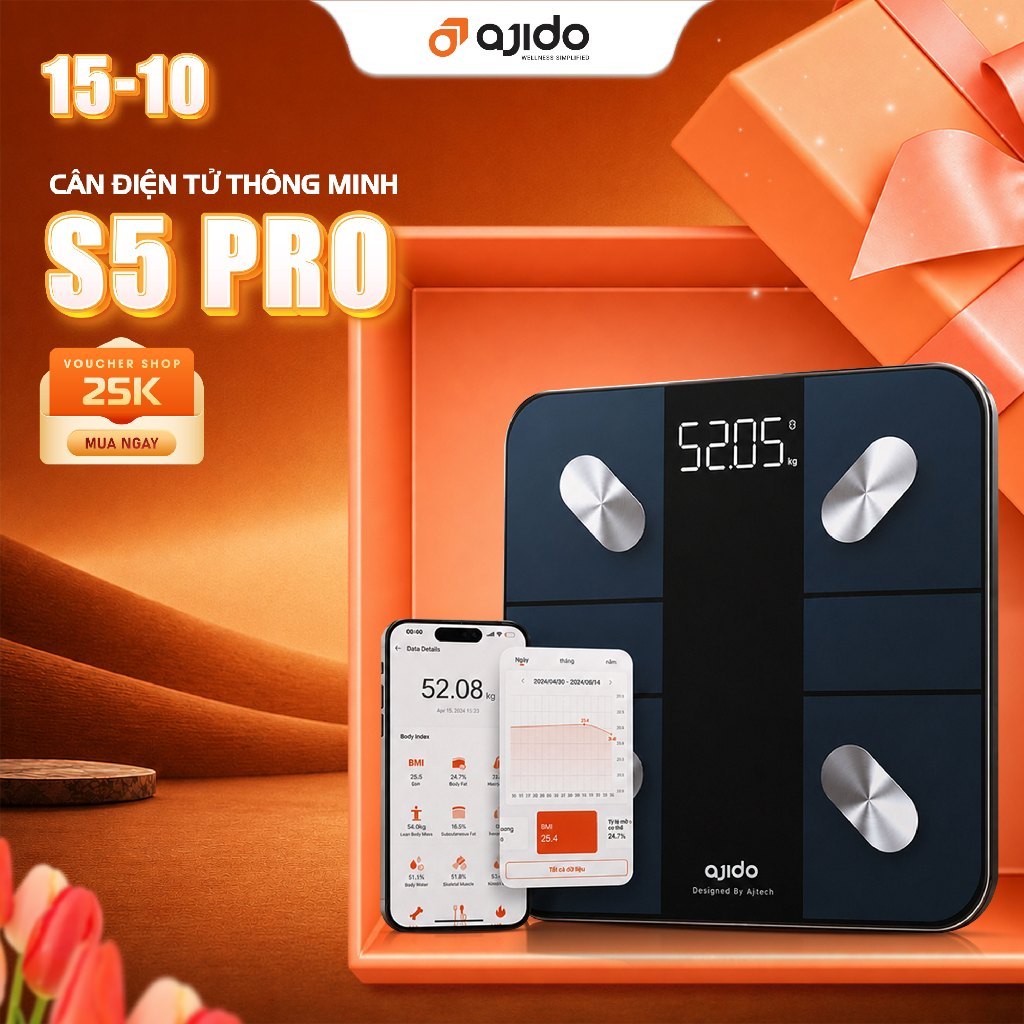 Cân Điện Tử Sức Khỏe Thông Minh AJIDO S5 PRO, Phân Tích Inbody, Đo 20 Chỉ Số…