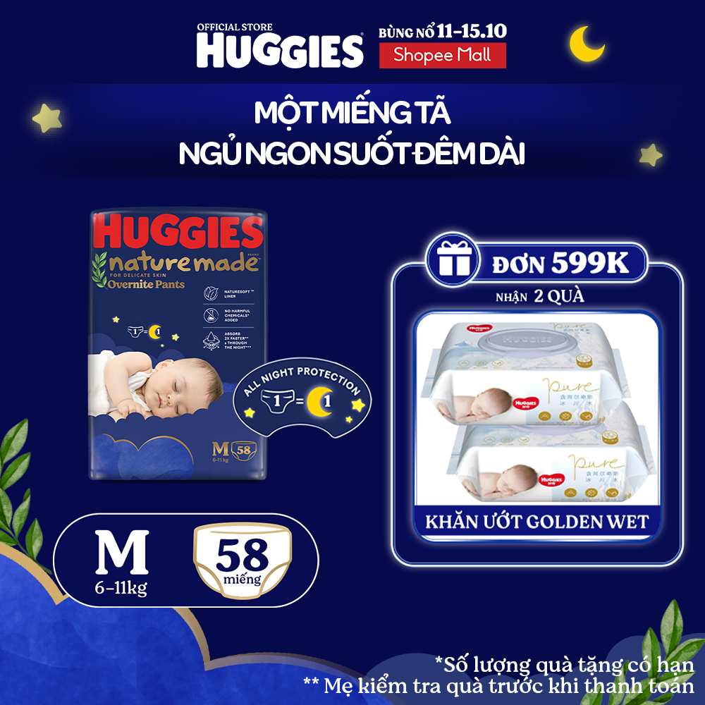 Tã quần Huggies Naturemade ban đêm M58/L44/XL38/XXL26