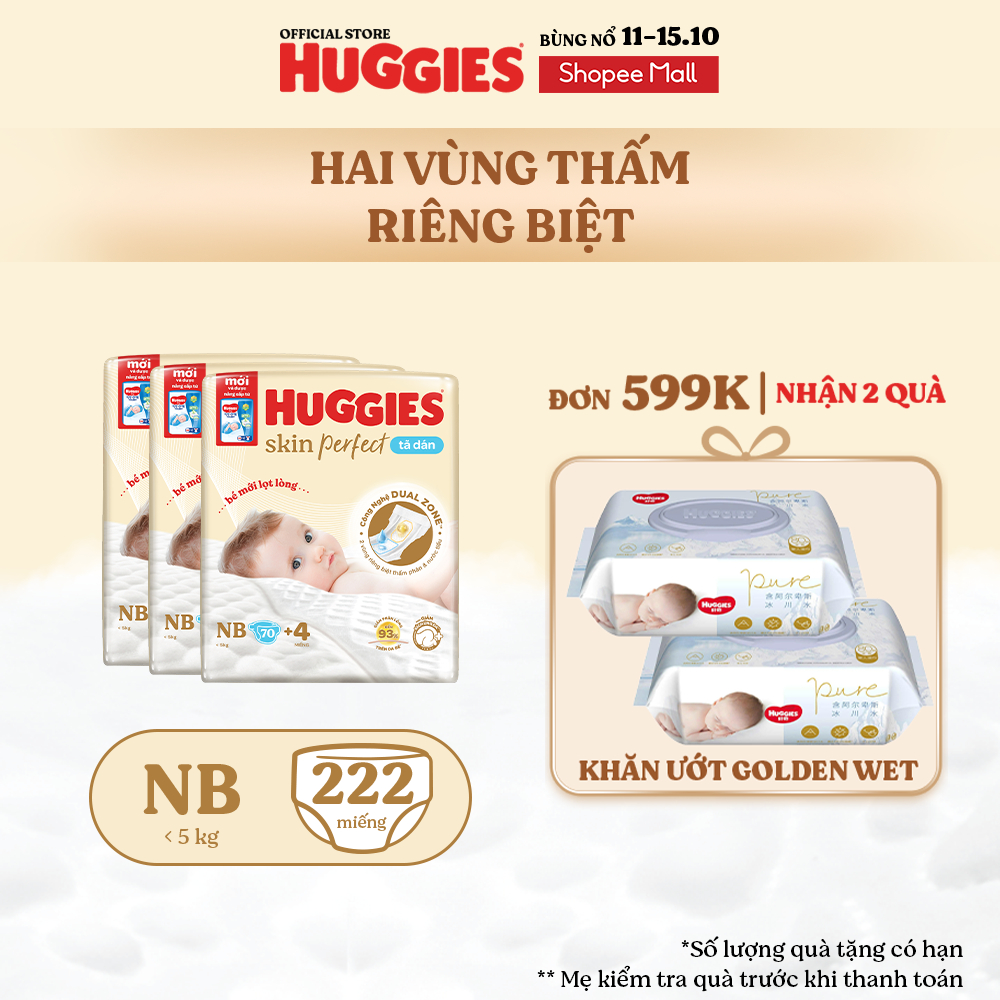 Combo 2/3 Tã/bỉm dán sơ sinh Huggies Skin Perfect NB70/S80/S54/M76 + miếng ngẫu nhiên với 2 vùng thấm giảm kích ứng da