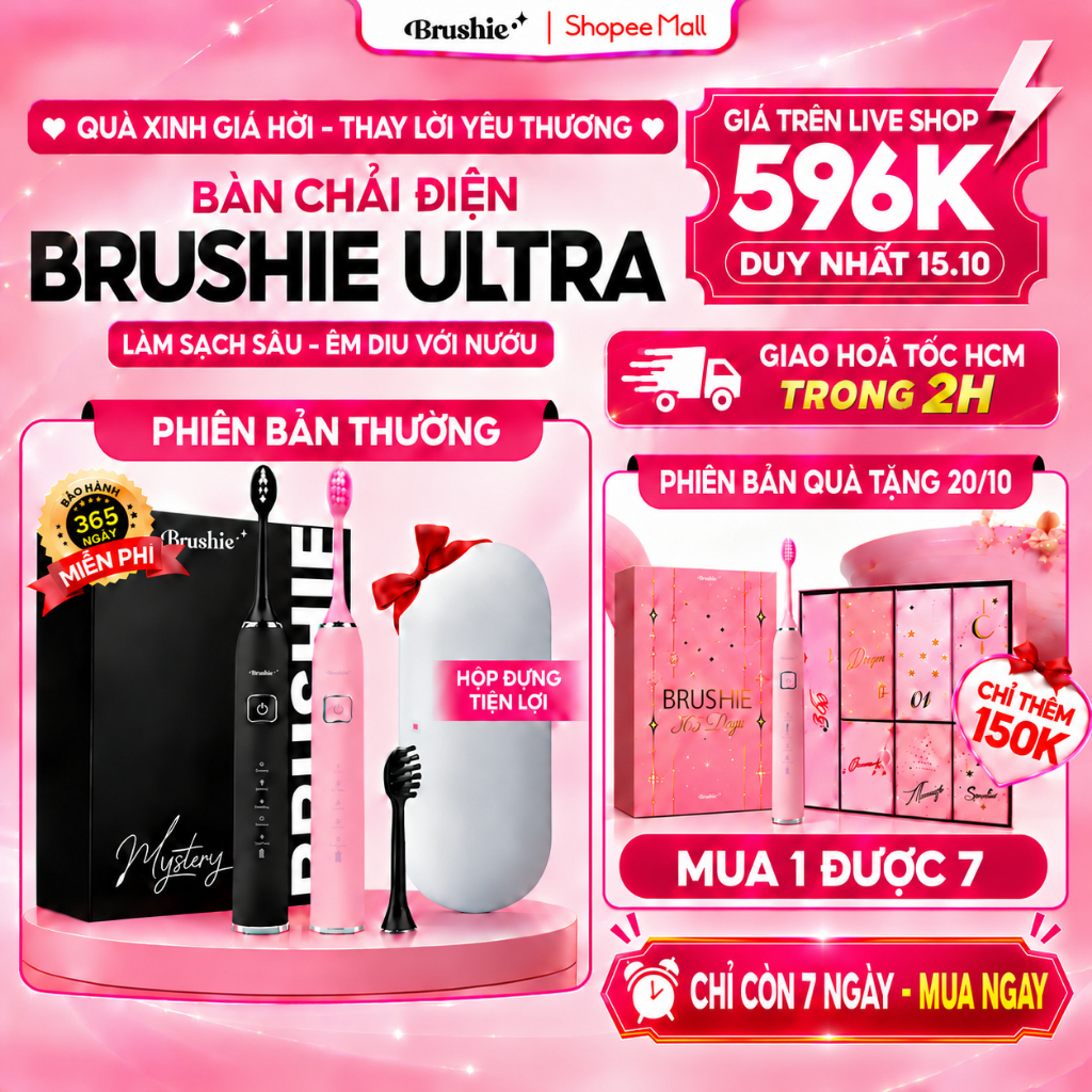 Bàn Chải Điện Brushie Ultra One Lông Mềm, Tích Hợp Máy Rửa Mặt, Bộ Set Quà…