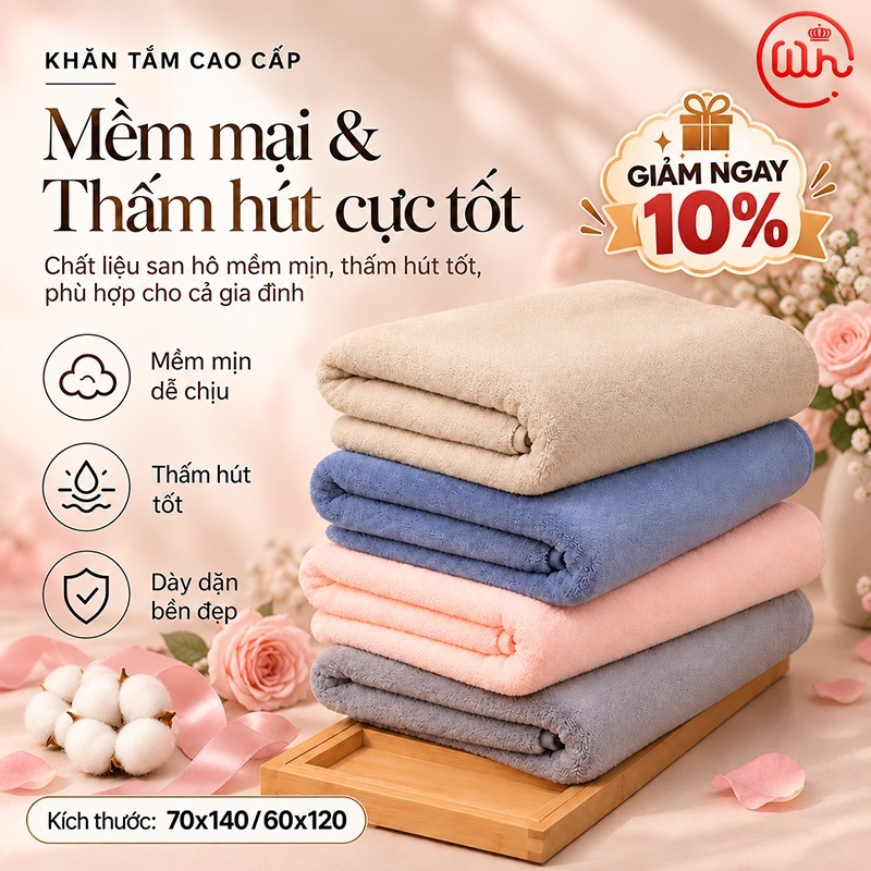Khăn Tắm Mềm Như Mây Cực Đại 140x70cm Siêu Thấm Hút Nhanh Khô Mềm Mịn Thoáng Khí Không Xù Lông Dành Cho Nữ & Gia Đình