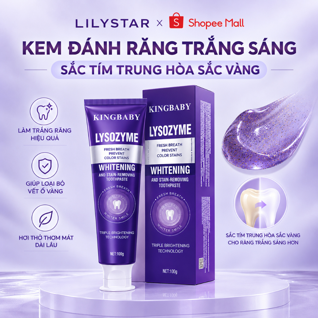 Kem Đánh Răng Trắng Sáng KINGBABY Purple Whitening Lysozyme Làm Trắng Răng…