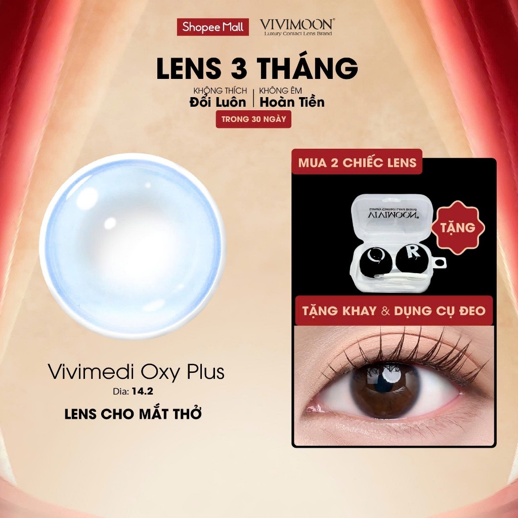 Kính áp tròng VIVIMOON LENS cận trong suốt 3 tháng cho mắt thở Vivimedi Oxy…