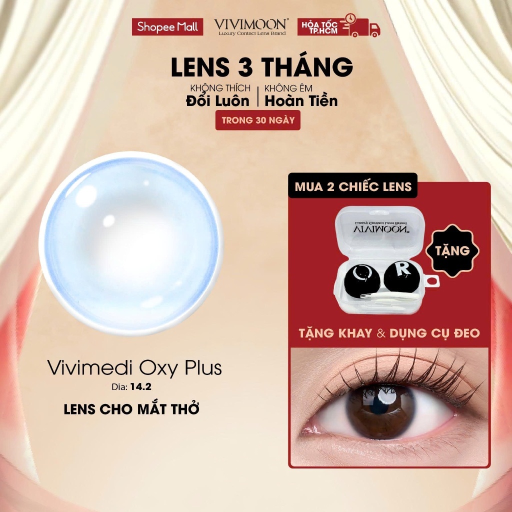 VIVIMOON lens cận cho mắt thở 3 tháng trong suốt Vivimedi Oxy Plus Dia 14.2mm