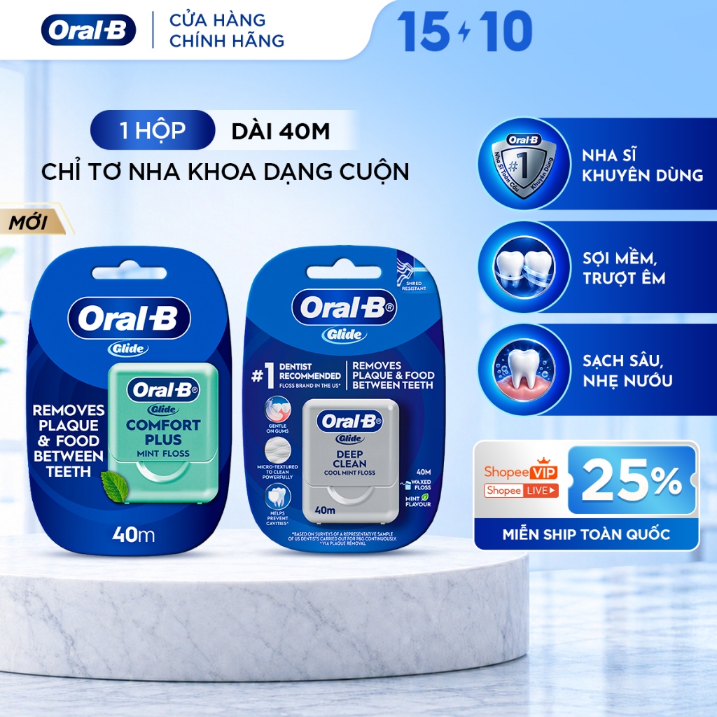 Chỉ Tơ Nha Khoa Cuộn ORAL B Glide Sợi Mềm Trượt Êm Sạch Sâu Nhẹ Nướu 40m