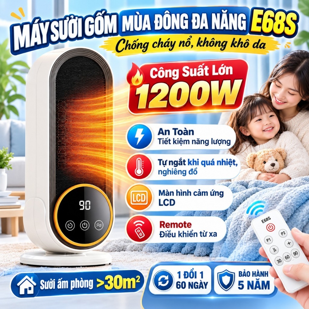 Quạt Sưởi Ấm Thông Minh E68S, 2 Mức Nhiệt, Tự Ngắt Khi Đổ, Chống Cháy Nổ, Điều Khiển Từ Xa Tiện Lợi