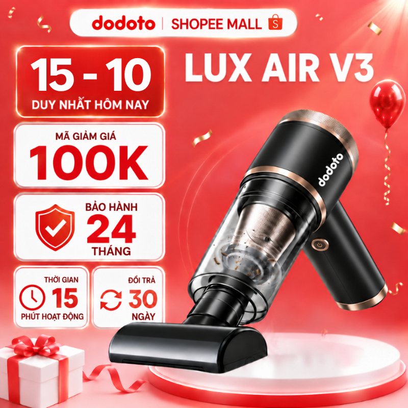 Máy hút bụi cầm tay dodoto Lux Air V3 mini không dây, hút bụi giường nệm, ô tô Bảo hành 24 tháng