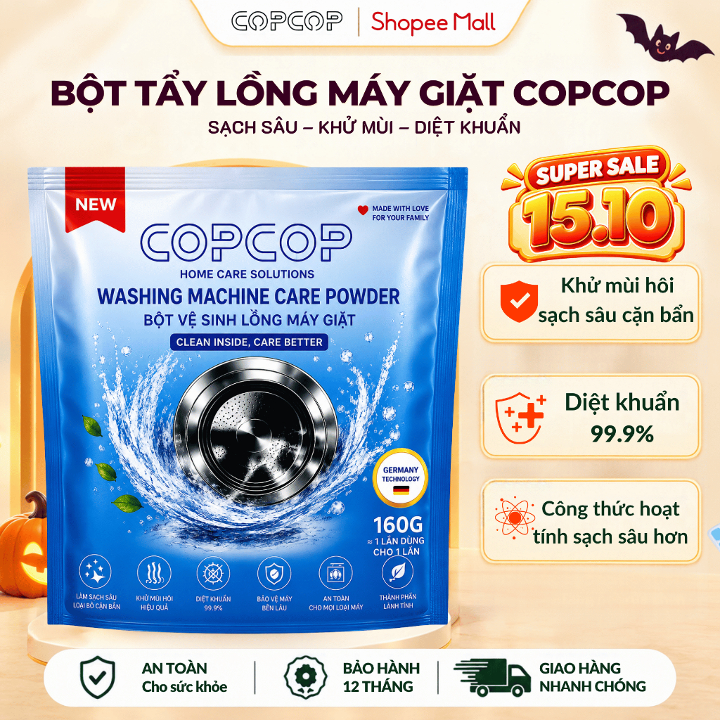 Bột Vệ Sinh Lồng Máy Giặt COPCOP 160G Khử Mùi Hôi, Diệt Khuẩn, Làm Sạch Cặn Bẩn, Hiệu Quả và An Toàn