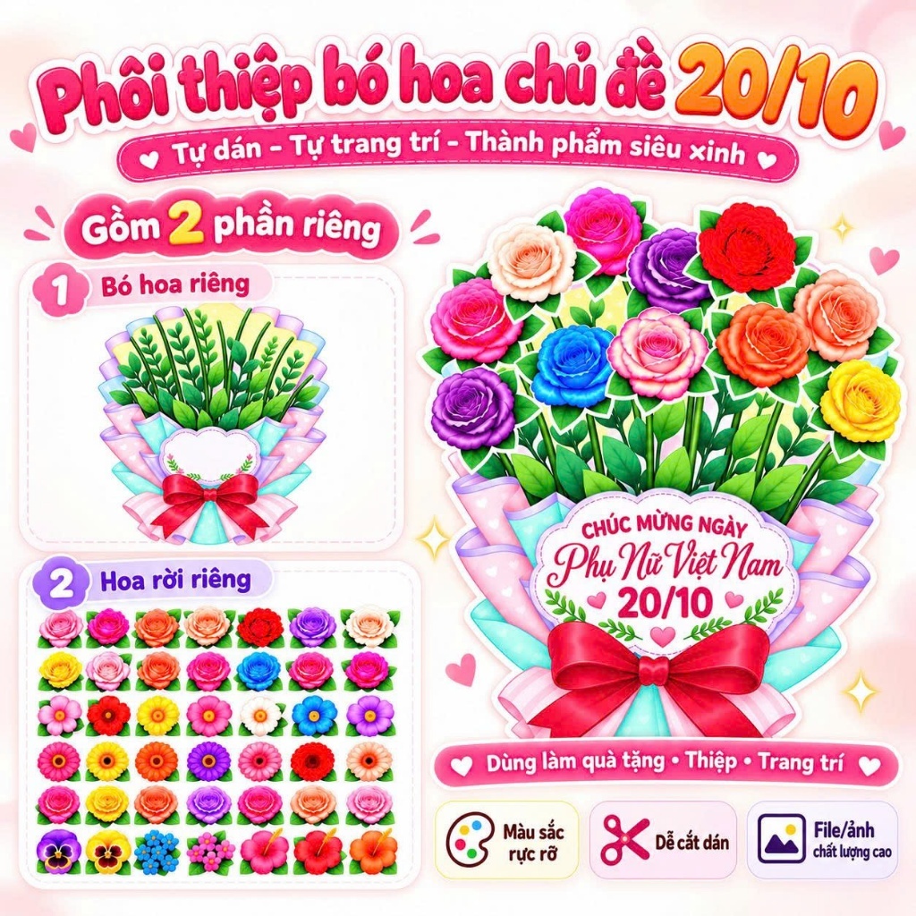 Phôi thiệp bó hoa chủ đề 20/10 tặng Mẹ, tặng Cô, tặng người phụ nữ yêu thương TIỆM IN HADANA