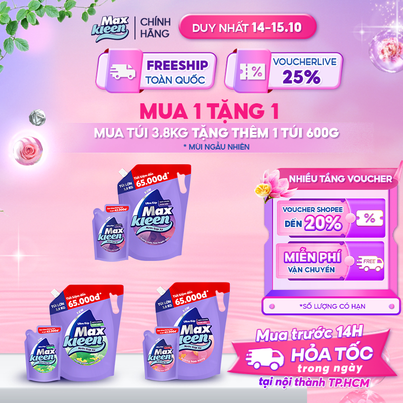 Túi Nước Giặt Xả MaxKleen 3.8kg tặng 1 túi nước giặt 600gram Mùi ngẫu nhiên