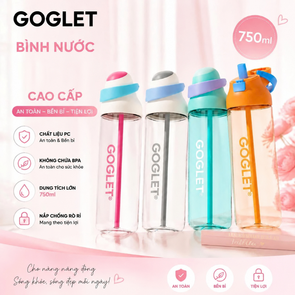 Bình Nước GOGLET Nhựa Thể Thao 4 Màu – Gọn Nhẹ, Tiện Mang Theo, Dùng Đi Học, Đi Làm, Tập Gym