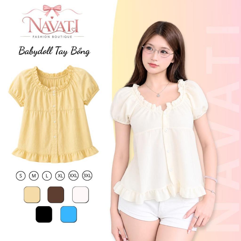 Áo Babydoll Cổ Bèo Nhún Tay Phồng Cài Cúc Trước Nữ Tính Phong Cách Hàn Quốc - BD04