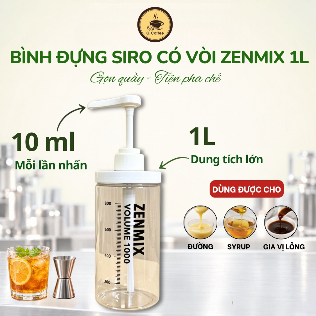 Bình ZENMIX Đựng Đường 1L, Siro Dạng Lỏng, Bình Pumb Đường Kèm Vòi Sử Dụng Trong Pha Chế