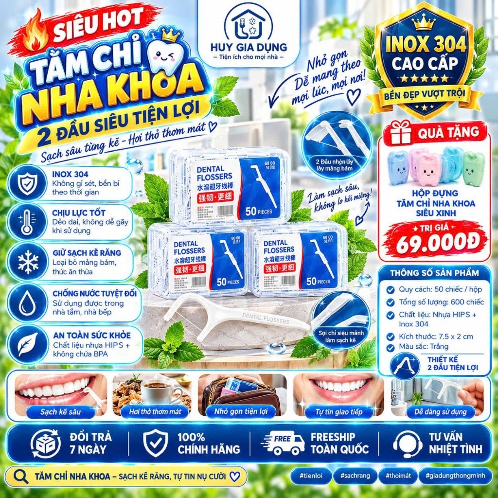 Combo 12 Hộp Tăm chỉ nha khoa Cao Cấp 600 Chiếc, 2 đầu sợi chỉ mảnh, làm sạch…