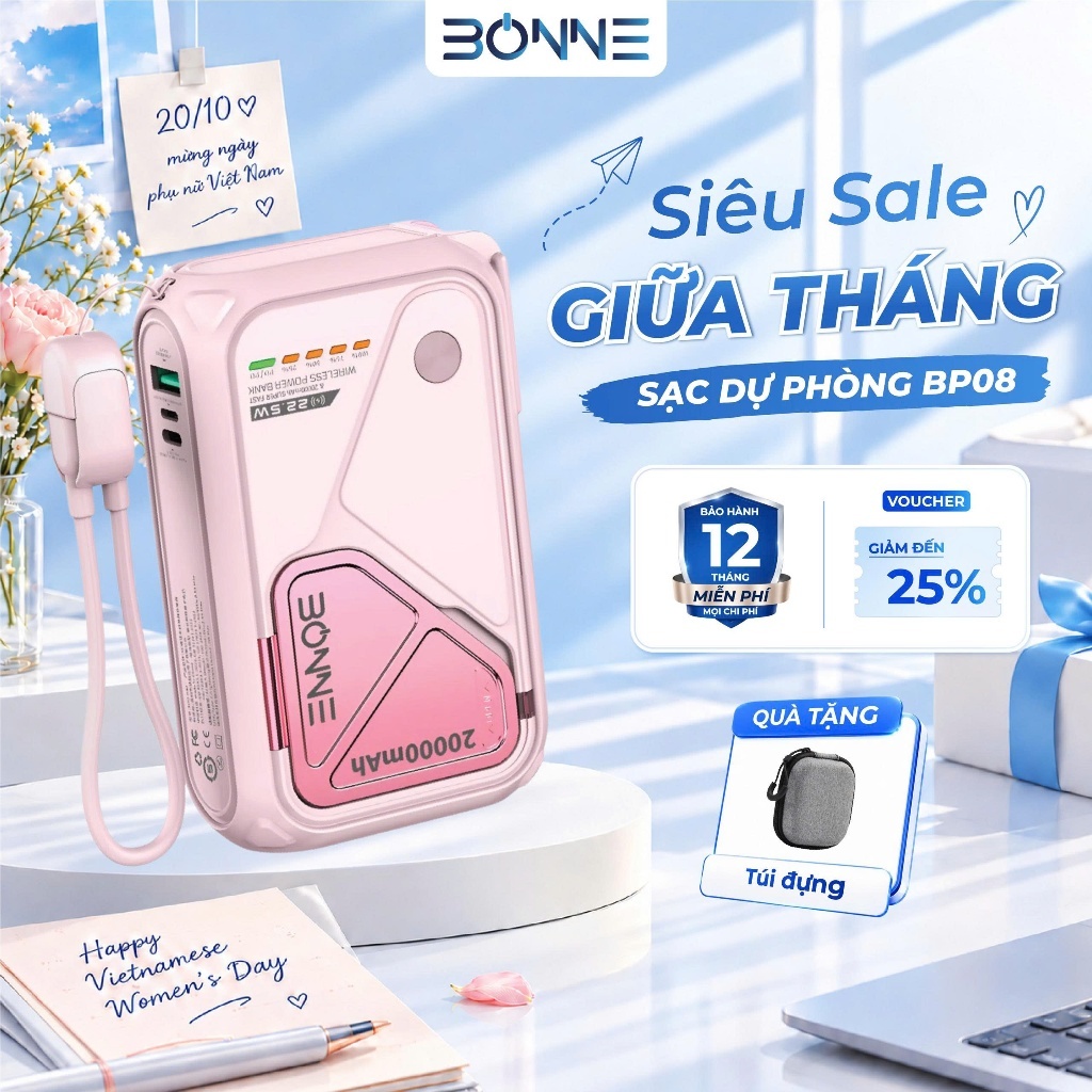 Sạc Dự Phòng BP08 By Bonne TECHLONOGIQUE 10 000/20 000 mAh, Sạc nhanh, Có Dây & Không Dây, Giá Đỡ Điện Thoại | Shopee Việt Nam