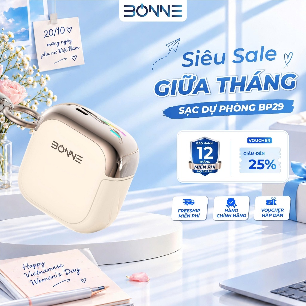 Sạc Dự Phòng Mini BP29 Chính Hãng BONNE TECH , Tích Hợp Dây Đeo Type C To L , Bảo hành 12 Tháng.