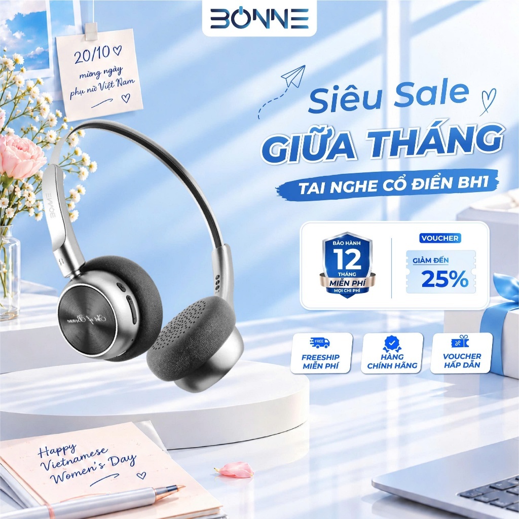 Tai Nghe Bluetooth Thiết Kế Cổ Điển BH1 By Bonne Chính Hãng, Tai Nghe…