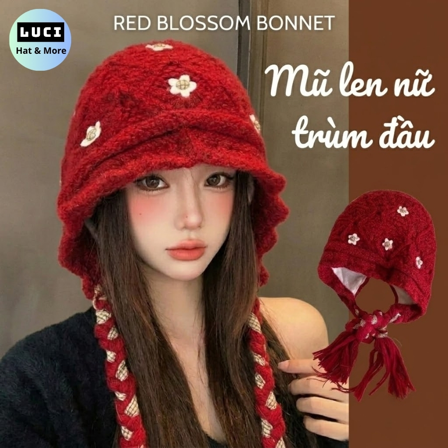 Mũ trùm đầu nữ móc len handmade, Mũ len nữ beanie dệt kim vintage ren hoa phong cách Hàn Quốc Retro LUCI MN180