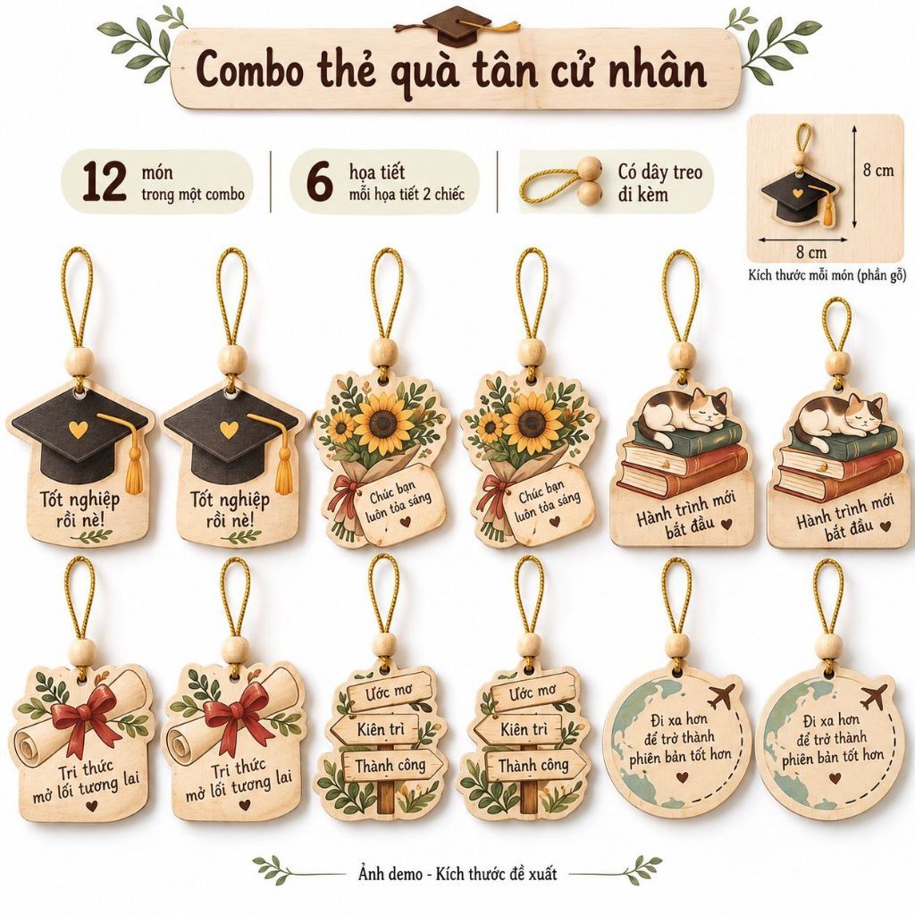 Bộ 12 thẻ gỗ treo quà tân cử nhân — ảnh listing minh họa