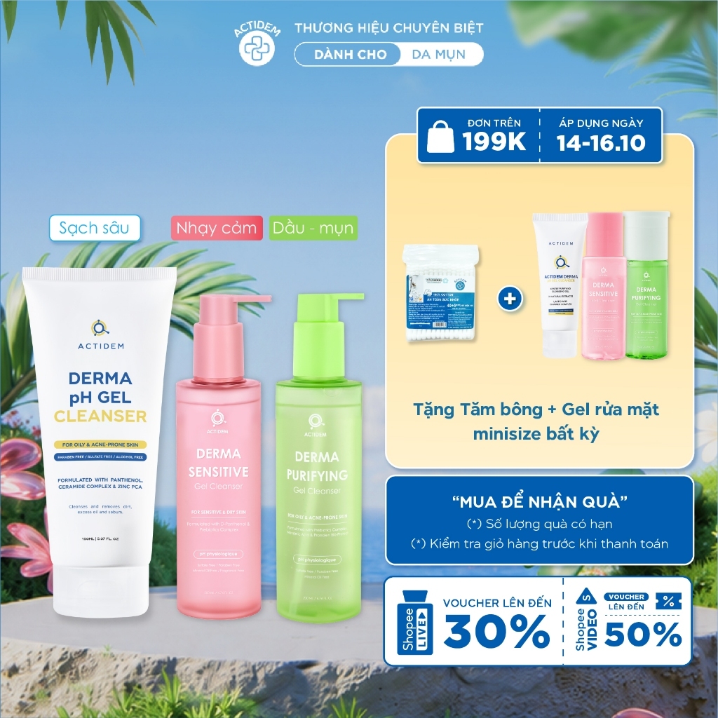 Gel rửa mặt cho da dầu, nhạy cảm, da hỗn hợp Actidem Derma…