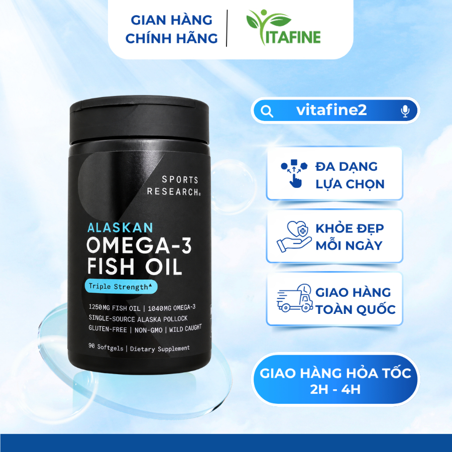 Sports Research Alaskan Omega-3 Fish Oil Triple Strength – 1040mg Omega 3 – 90 Viên Softgel