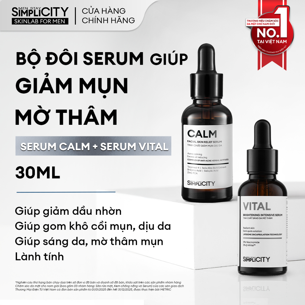 Bộ đôi serum đa tác động cho nam: Chu trình giúp giảm mụn, dưỡng sáng da, mờ thâm Men Stay Simplicity