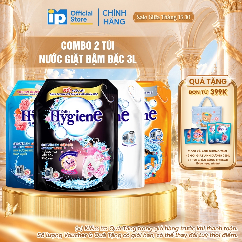 Combo 2 Nước Giặt Đậm Đặc Hygiene 3L (Dịu Êm/ Ánh Dương Hạnh Phúc/ Mẫu Đơn/ Ánh Dương Rực Rỡ)