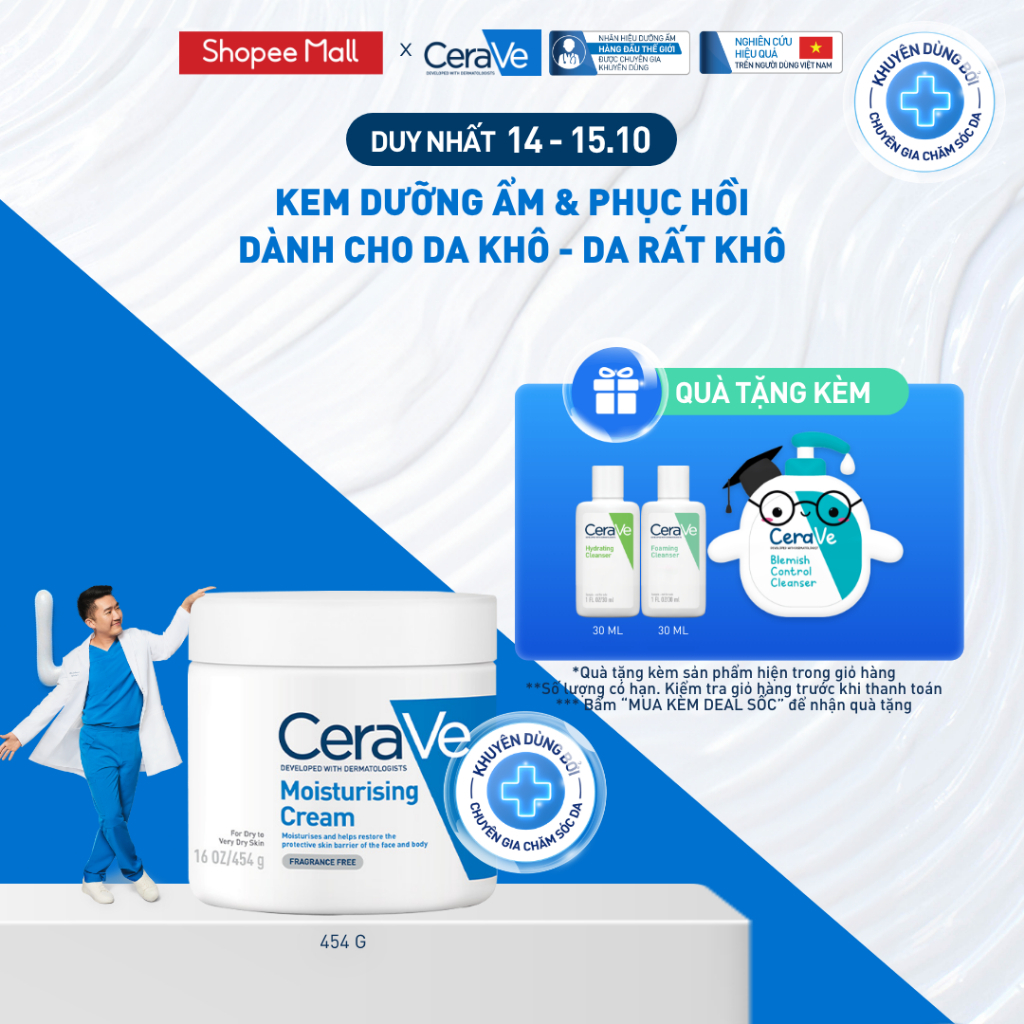 Kem dưỡng ẩm phục hồi sâu và ẩm mịn suốt 48H dành cho da khô, duy trì hàng rào bảo vệ da CERAVE MOISTURISING CREAM 454G