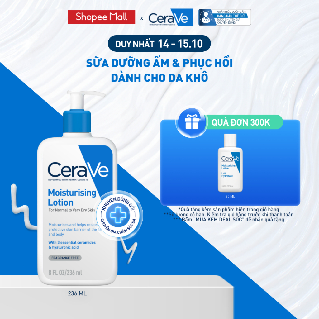 Sữa dưỡng ẩm phục hồi chuyên sâu và giữ da ẩm mịn suốt 48H, duy trì hàng rào bảo vệ da CERAVE MOISTURISING LOTION 236ML
